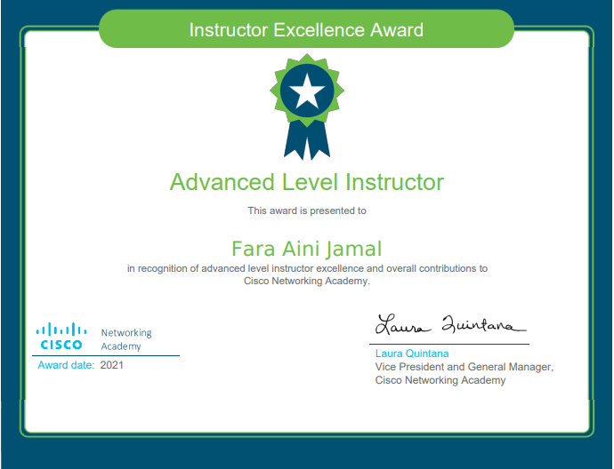 Antara sijil penghargaan yang dianugerahkan oleh CISCO Network Academy.